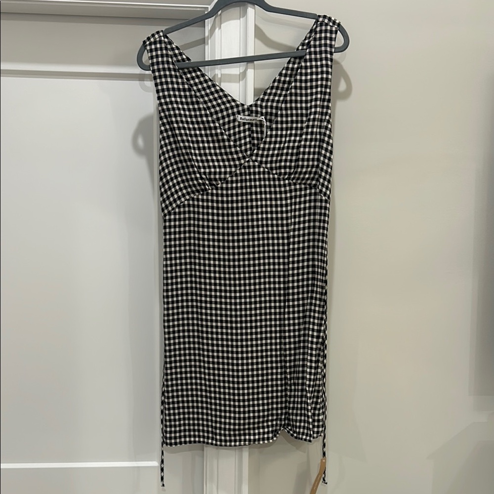 Reformation Black and White Ruched Sheath Mini Dress